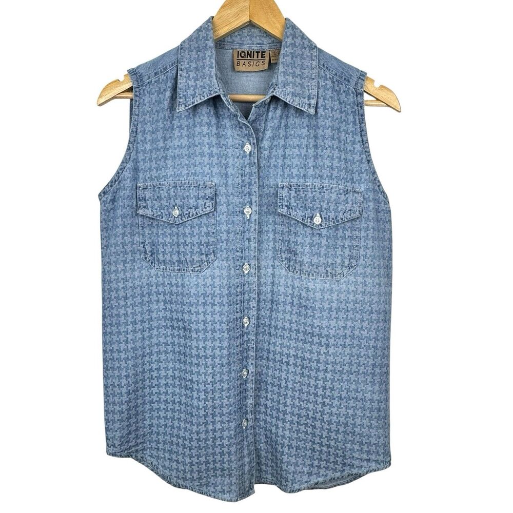 Vintage Ignite Basics Denim Button Up‎ Shirt S Blue Houndstooth Western Rodeo